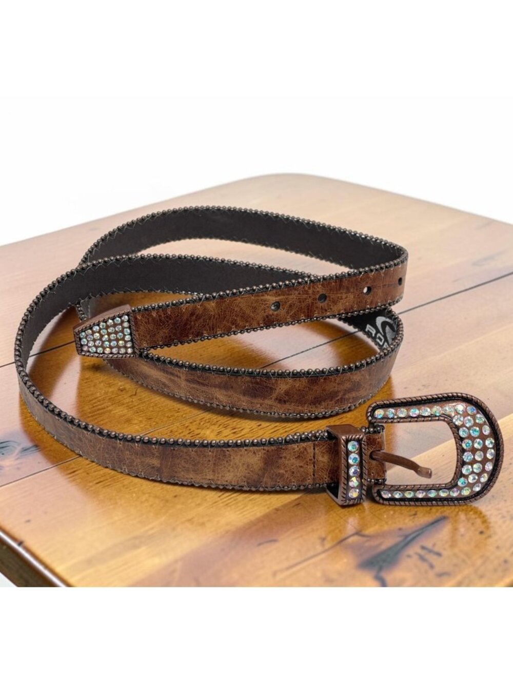 Roper Women's Western Cognac Leather Belt Rhinestone Buckle Rivet Edging Sz 38/4